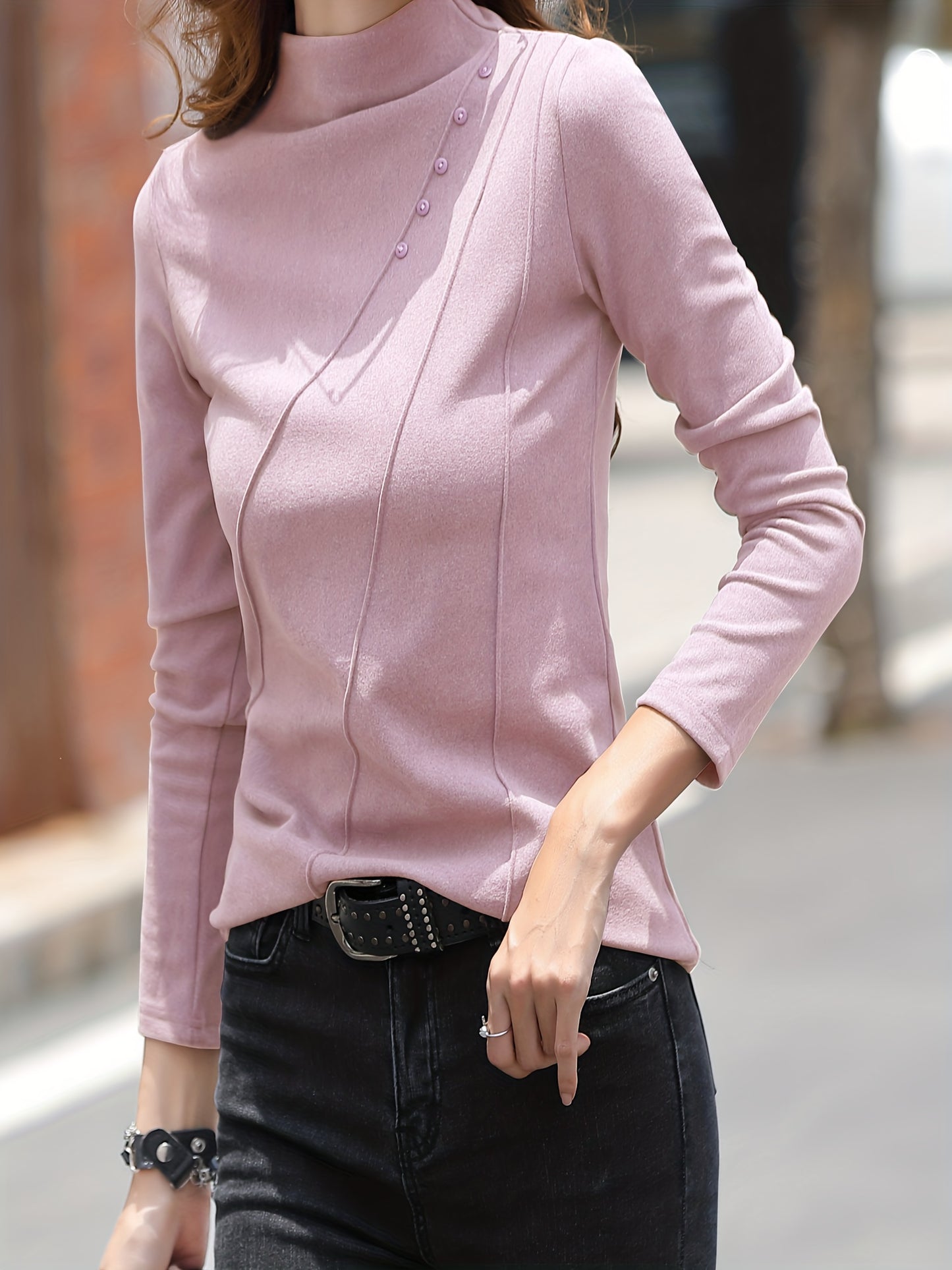 vlovelaw  Button Decor Mock Neck T-Shirt, Versatile Solid Long Sleeve T-Shirt For Spring & Fall, Women's Clothing