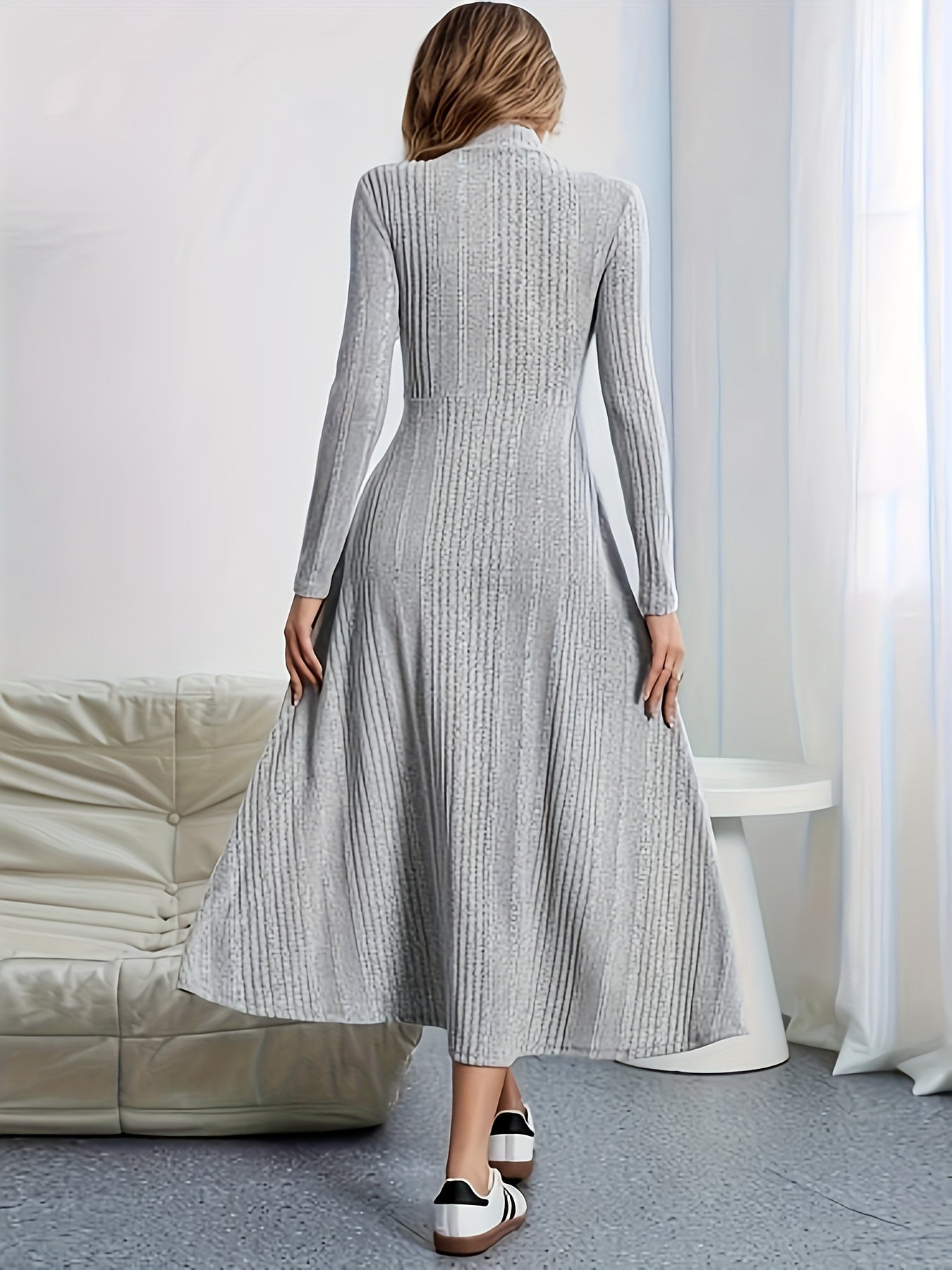 vlovelaw  Solid Textured Button Front Dress, Elegant Long Sleeve Dress For Spring & Fall, Women's Clothing