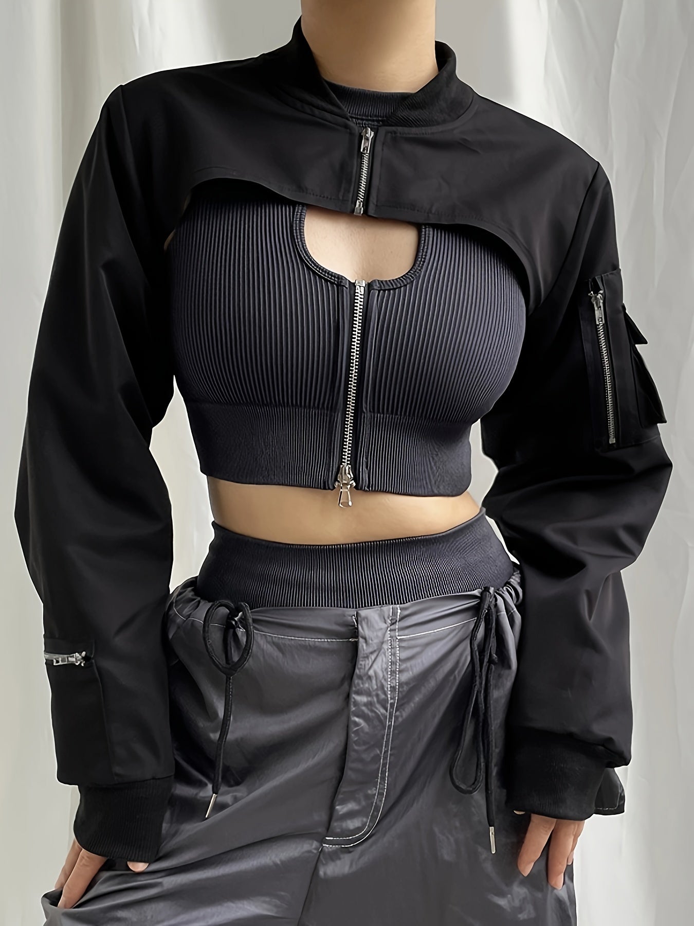 vlovelaw  Solid Flap Pockets Crop Jacket, Versatile Long Sleeve Zipper Cropped Bomber Jacket, Women's Clothing