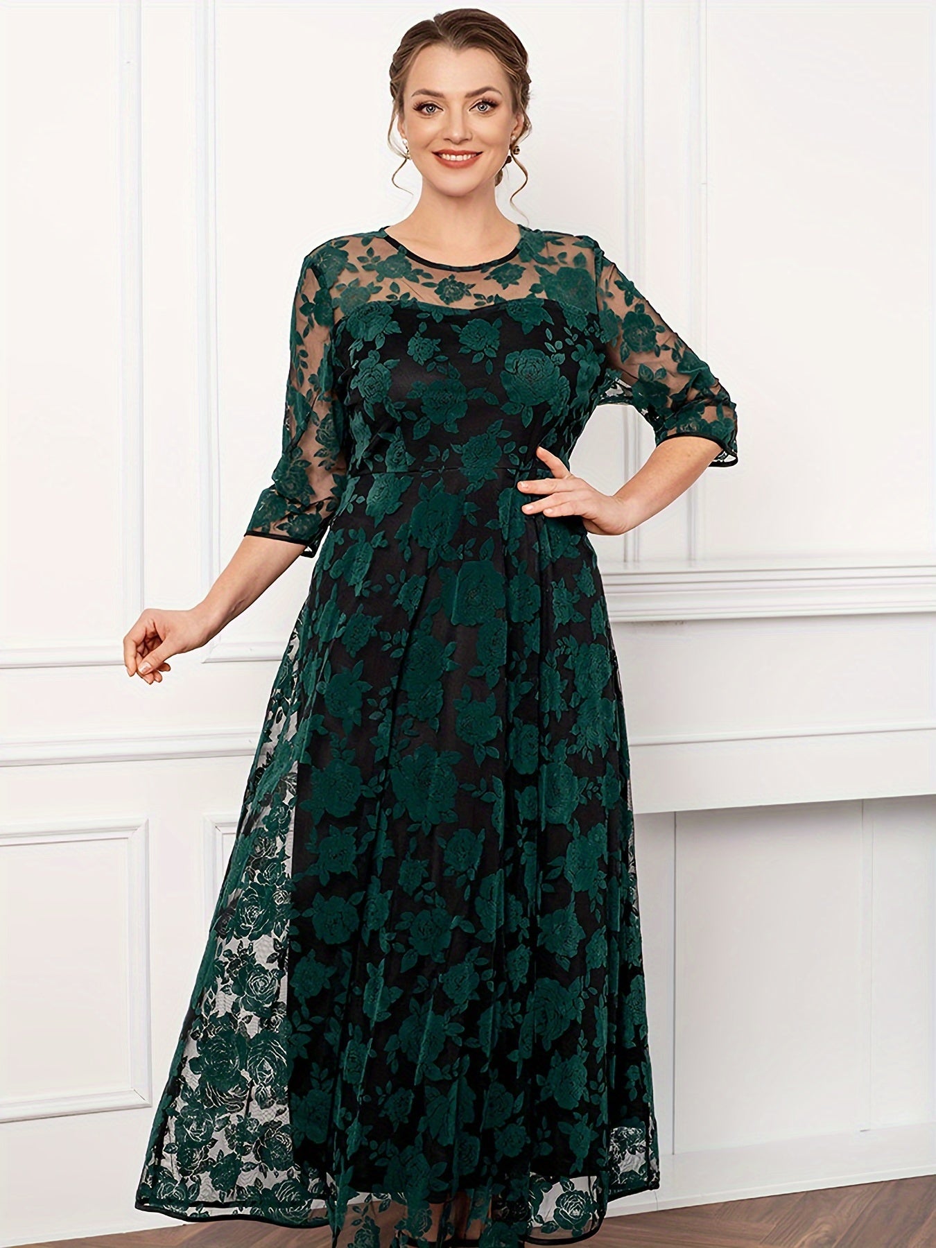 vlovelaw Plus Size Elegant Dress, Women's Plus Floral Print Contrast Mesh Three Quarter Sleeve Round Neck Maxi Dress