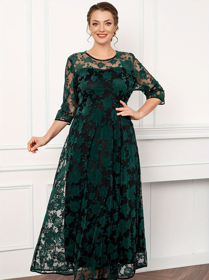 vlovelaw Plus Size Elegant Dress, Women's Plus Floral Print Contrast Mesh Three Quarter Sleeve Round Neck Maxi Dress