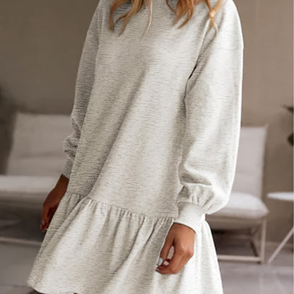 vlovelaw Solid Crew Neck Dress, Casual Ruffle Hem Long Sleeve Dress, Women's Clothing
