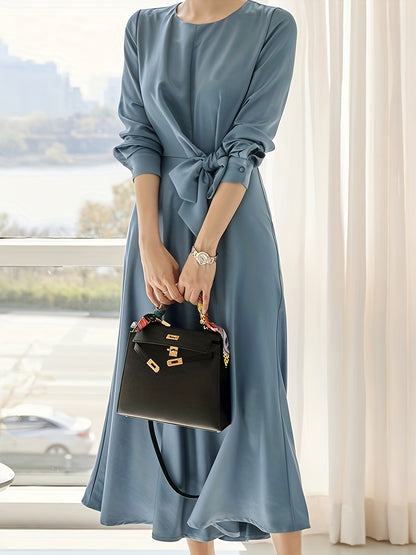 vlovelaw  Solid Crew Neck Dress, Elegant Long Sleeve Belted Dress For Office & Work, Women's Clothing