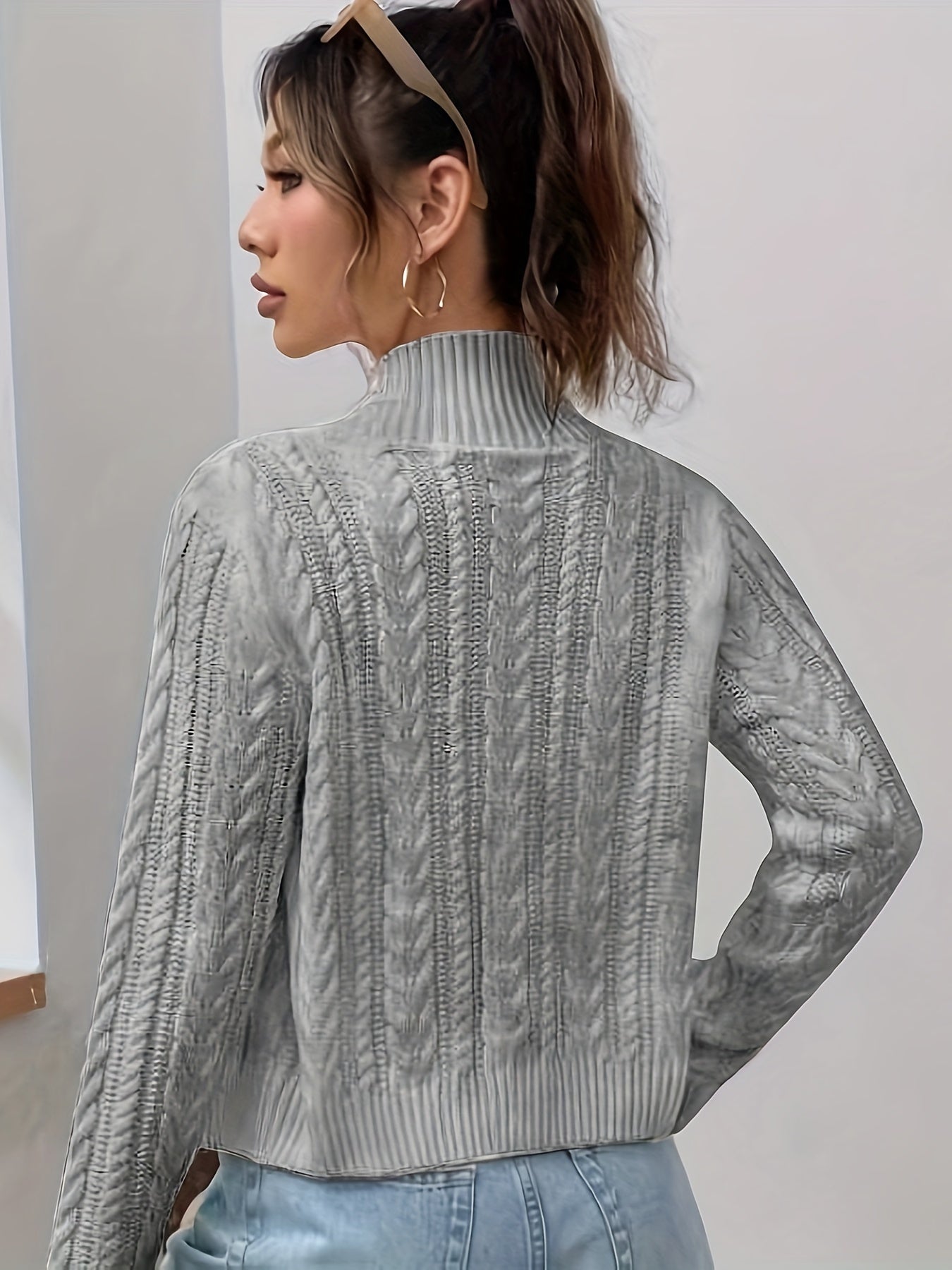 vlovelaw  Solid Zip Up Cable Knit Cardigan, Elegant Mock Neck Long Sleeve Slim Sweater, Women's Clothing