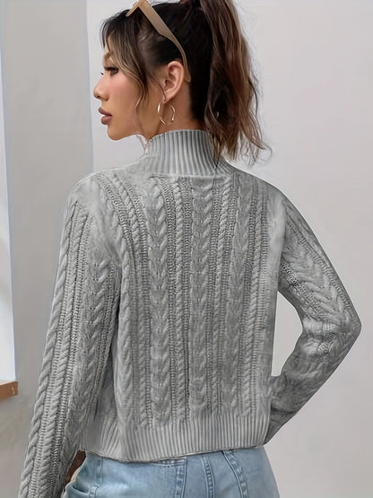 vlovelaw  Solid Zip Up Cable Knit Cardigan, Elegant Mock Neck Long Sleeve Slim Sweater, Women's Clothing
