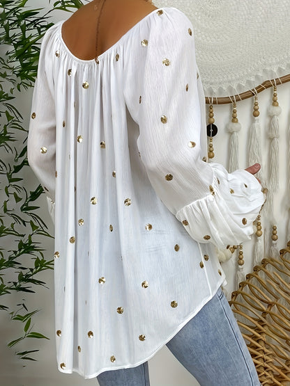 vlovelaw Sequin Off Shoulder Drawstring Shirt, Boho Long Sleeve Pullover Shirt For Spring & Fall, Women's Clothing