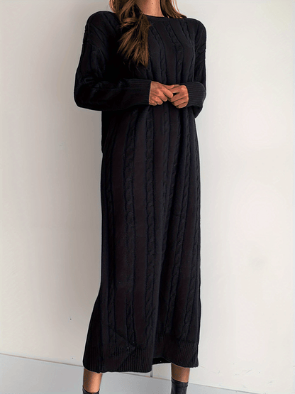 Solid Cable Knit Sweater Dress, Casual Long Sleeve Midi Dress, Women's Clothing