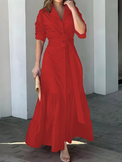 vlovelaw Solid Button Front Belted Dress, Elegant Ruched Sleeve Ruffle Trim Maxi Dress, Women's Clothing