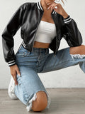 Faux Leather Crop Jacket, Y2K Zip Front Long Sleeve Jacket For Fall & Winter, Women's Clothing
