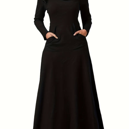 Plus Size Casual Dress, Women's Plus Solid Long Sleeve Turtleneck High Stretch Maxi Dress With Pockets
