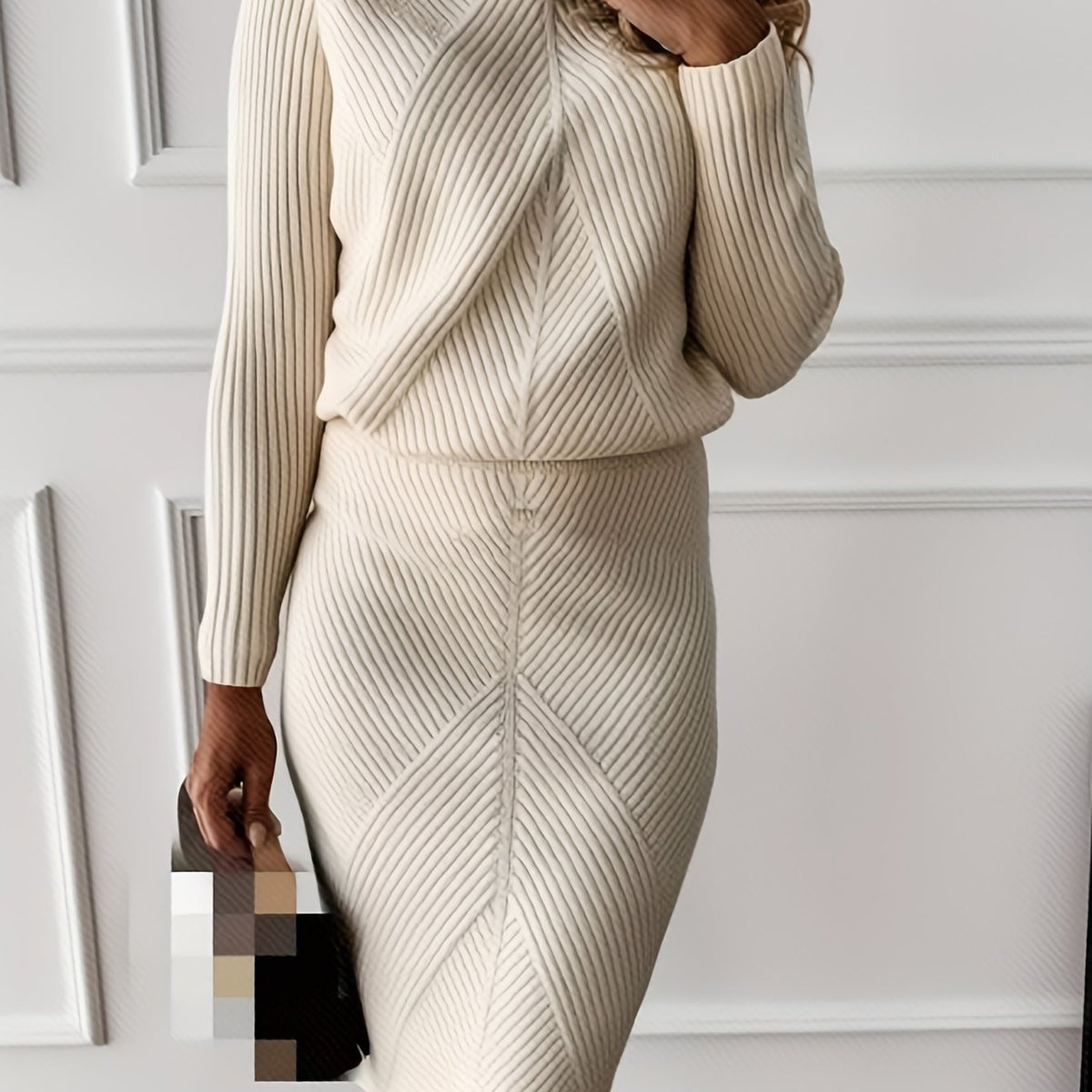 vlovelaw  Casual Solid Two-piece Set, Turtleneck Long Sleeve Tops & Bag Hip Skirts Outfits, Women's Clothing