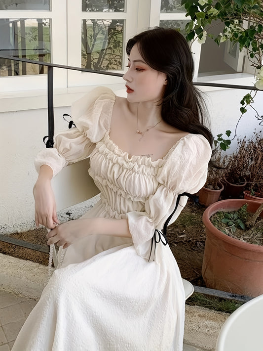 vlovelaw  Solid Square Neck Dress, Elegant Puff Sleeve Shirred Dress For Spring & Fall, Women's Clothing
