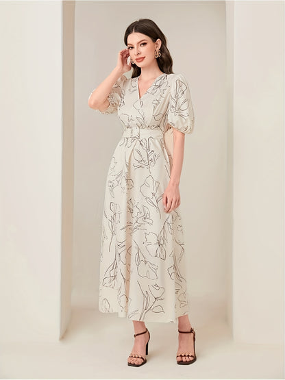 xieyinshe  Floral Print V Neck Dress, Elegant Puff Sleeve Dress For Spring & Summer, Women's Clothing