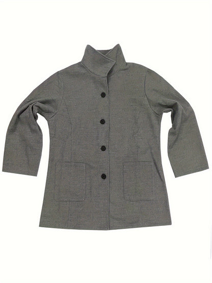 vlovelaw  Plus Size Casual Coat, Women's Plus Solid Long Sleeve Button Up Stand Collar Tunic Coat With Pockets