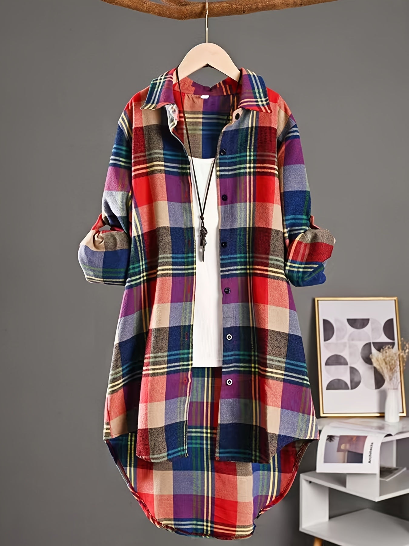 Flattering Plus Size Plaid Blouse for Curvy Women - Stylish Casual Wear with Roll Up Sleeves and Turn Down Collar - Trendy Button Up Print Top