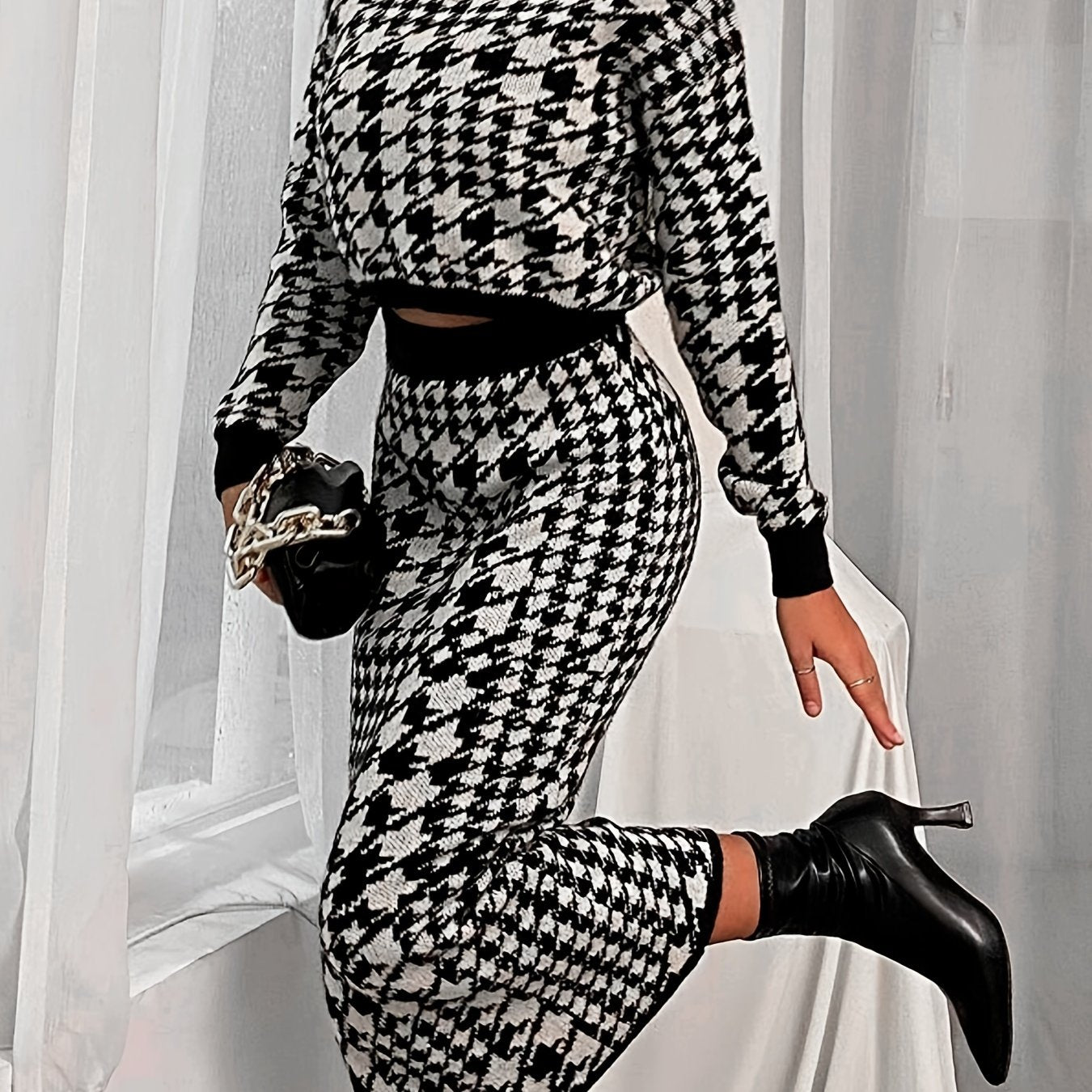 vlovelaw  Houndstooth Slim Two-piece Skirt Set, Crop Long Sleeve Top & High Waist Bodycon Skirt Outfits, Women's Clothing