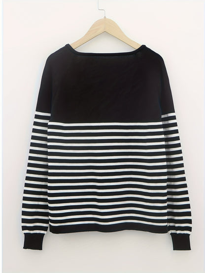 Striped V Neck Pullover Sweater, Casual Long Sleeve Sweater For Spring & Fall, Women's Clothing