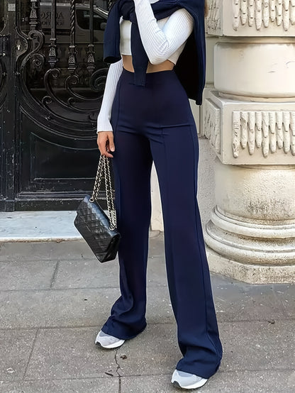 Solid High Waist Elastic Long Length Pants, Slim Stylish Elegant Wide Leg Pants, Women's Clothing