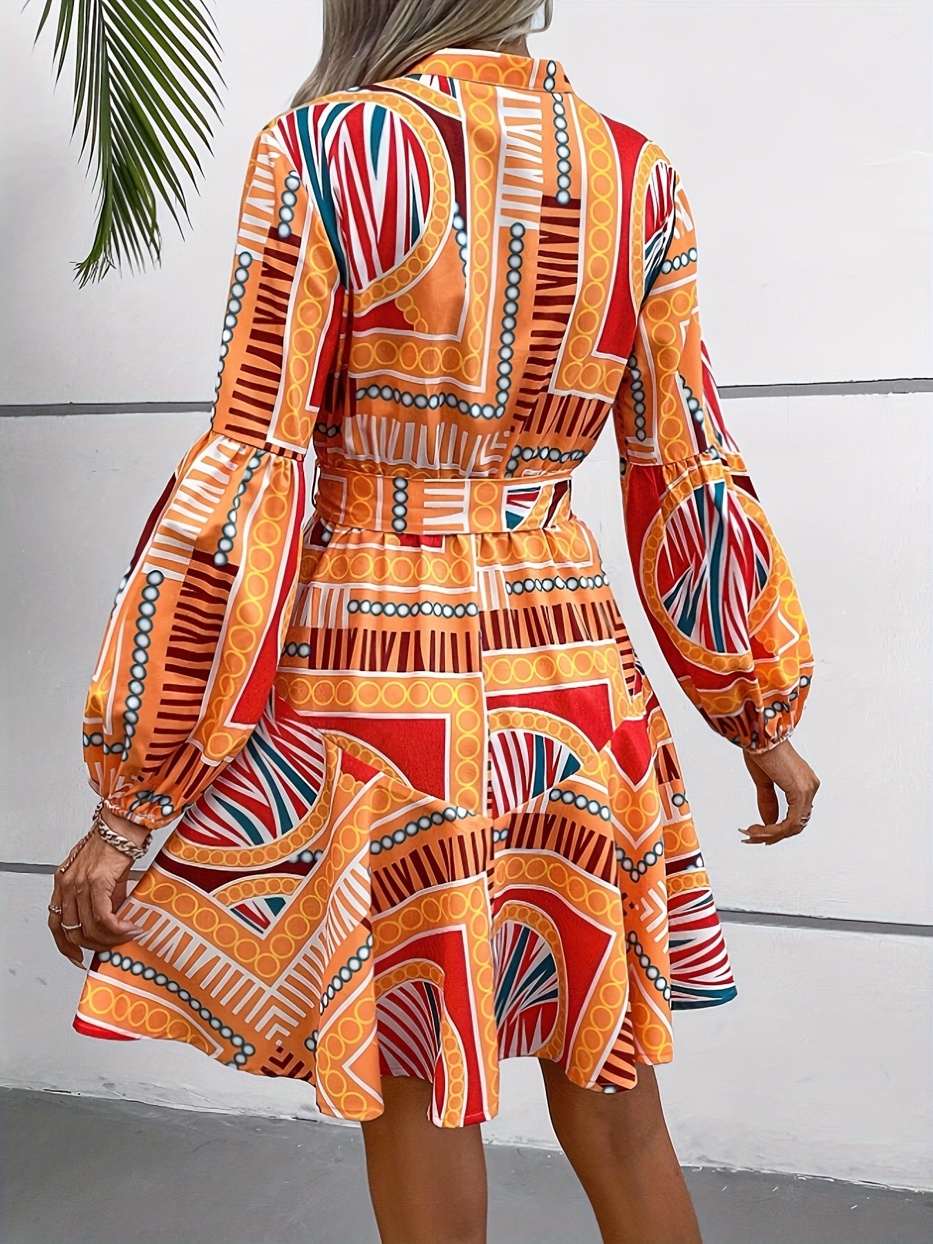 vlovelaw Allover Print V Neck Dress, Vintage Long Sleeve Belted Dress, Women's Clothing