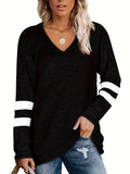 Plus Size Casual T-shirt, Women's Plus Colorblock Striped Print Long Sleeve V Neck Medium Stretch T-shirt