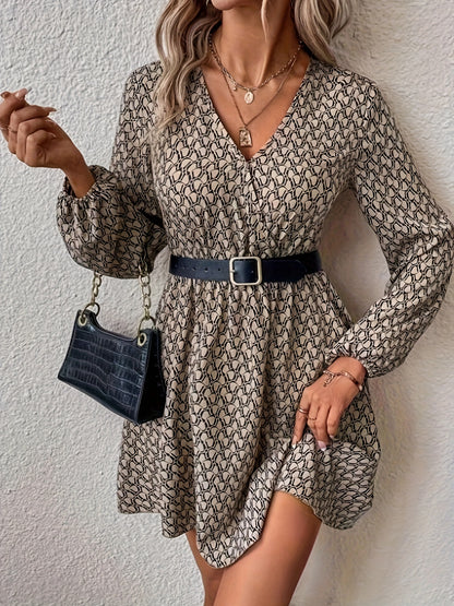 vlovelaw  Allover Print Lantern Sleeve Dress, Casual V Neck Cinched Waist Dress, Women's Clothing