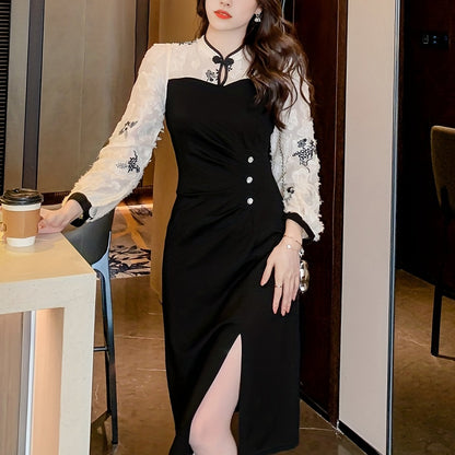 Split Hem Dress, Elegant Long Sleeve Slim Ruched Midi Dress, Women's Clothing