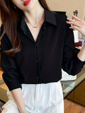 vlovelaw  Solid Button Front Shirt, Elegant Turn Down Collar Long Sleeve Shirt, Women's Clothing