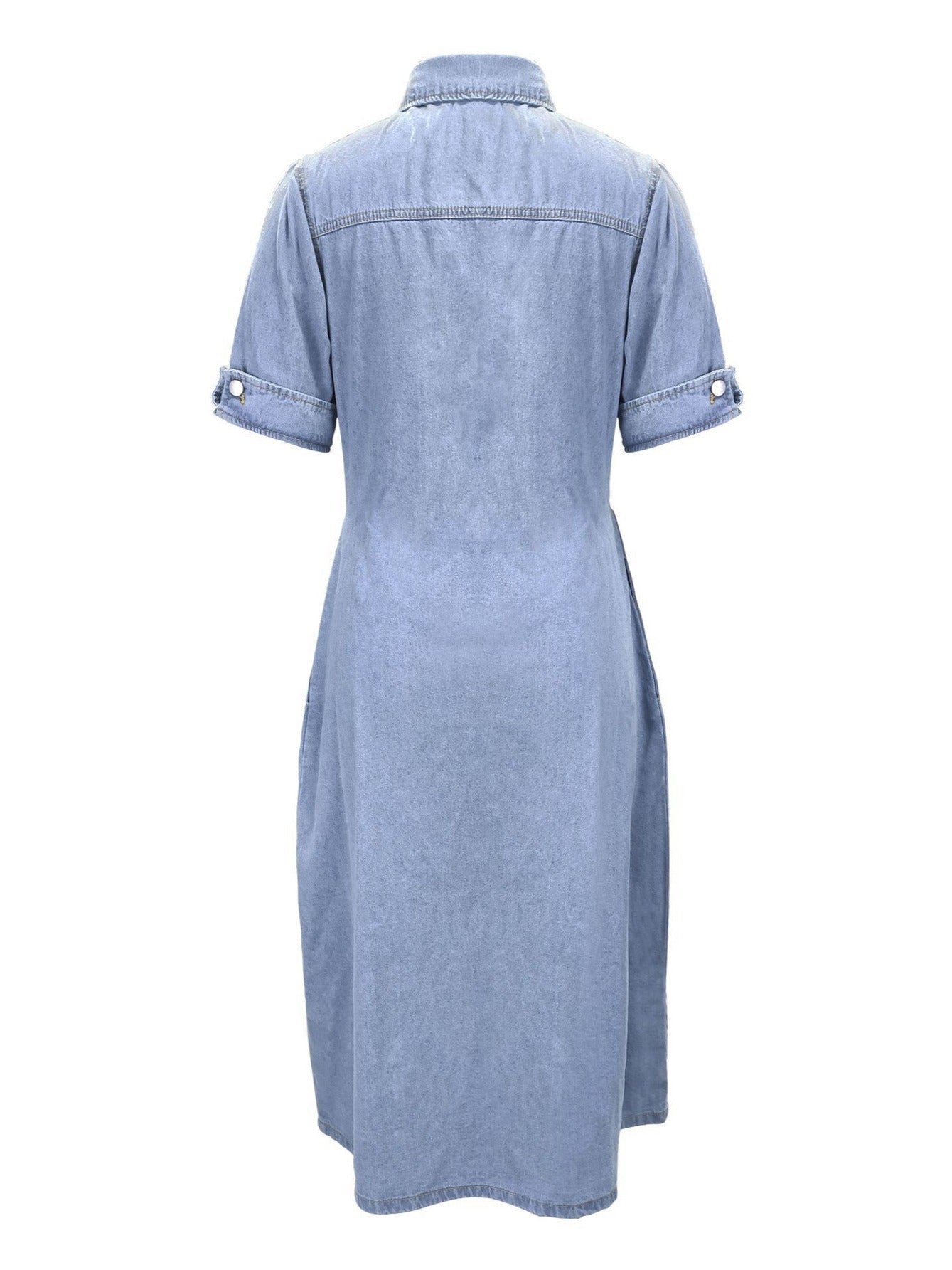 vlovelaw  A-Line Flap Pockets Denim Dress, Rolled Sleeve Button Up V Neck Dress, Casual Lapel Denim Long Dress, Women's Denim Dress & Clothing
