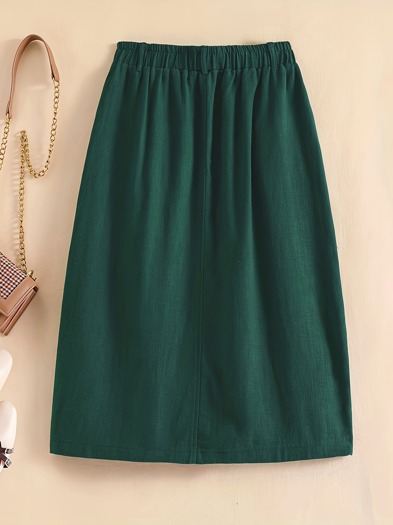 Solid Elastic Waist Button Cotton Skirt, Vintage Pocket Midi Skirt For Spring & Fall, Women's Clothing