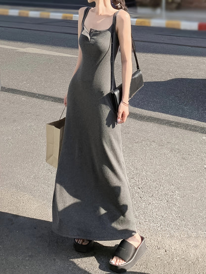 vlovelaw  Solid Button Front Tank Dress, Chic Square Neck Sleeveless A-line Ankle Length Dress, Women's Clothing