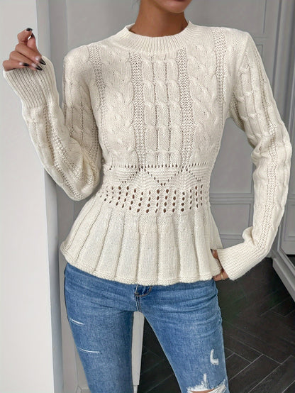 vlovelaw Solid Cable Knit Crew Neck Sweater, Versatile Long Sleeve Hollow Out Sweater For Fall & Winter, Women's Clothing
