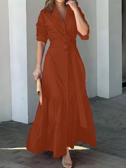 vlovelaw Solid Button Front Belted Dress, Elegant Ruched Sleeve Ruffle Trim Maxi Dress, Women's Clothing