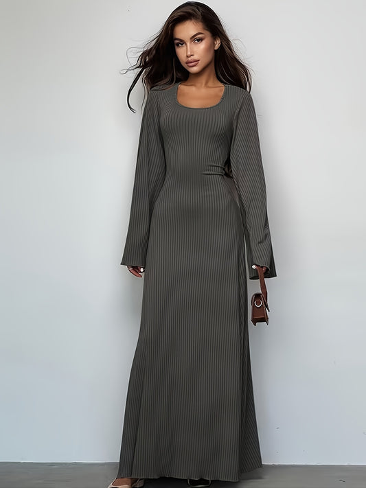 vlovelaw Solid Flared Long Sleeve Dress, Casual Squared Neck Maxi Dress, Women's Clothing