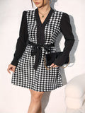 vlovelaw  Houndstooth Print Simple Dress, Elegant V Neck Long Sleeve Dress, Women's Clothing