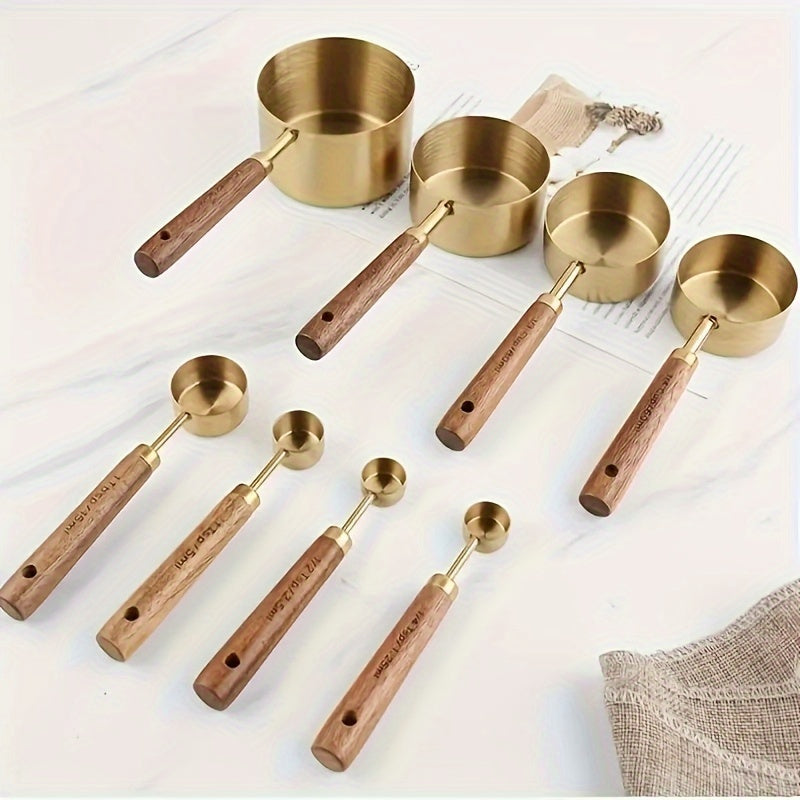 8pcs Set Stainless Steel Measuring Cups And Spoons With Acacia Wood Handles, Durable Kitchen Baking Tools, Includes Spice Spoon & Coffee Scoop, Nesting Design For Easy Storage