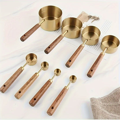 8pcs Set Stainless Steel Measuring Cups And Spoons With Acacia Wood Handles, Durable Kitchen Baking Tools, Includes Spice Spoon & Coffee Scoop, Nesting Design For Easy Storage
