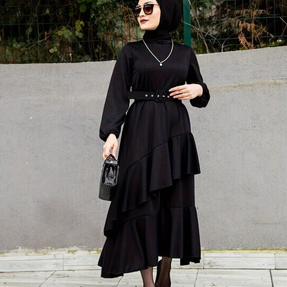 Layered Ruffle Hem Solid Dress, Elegant Long Sleeve Dress For Spring & Fall, Women's Clothing