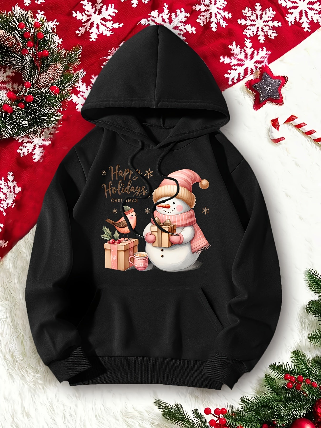 Christmas Snowman Print Hoodie, Drawstring Casual Hooded Sweatshirt For Fall & Spring, Women's Clothing