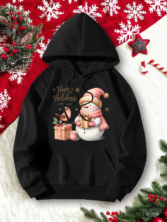 Christmas Snowman Print Hoodie, Drawstring Casual Hooded Sweatshirt For Fall & Spring, Women's Clothing