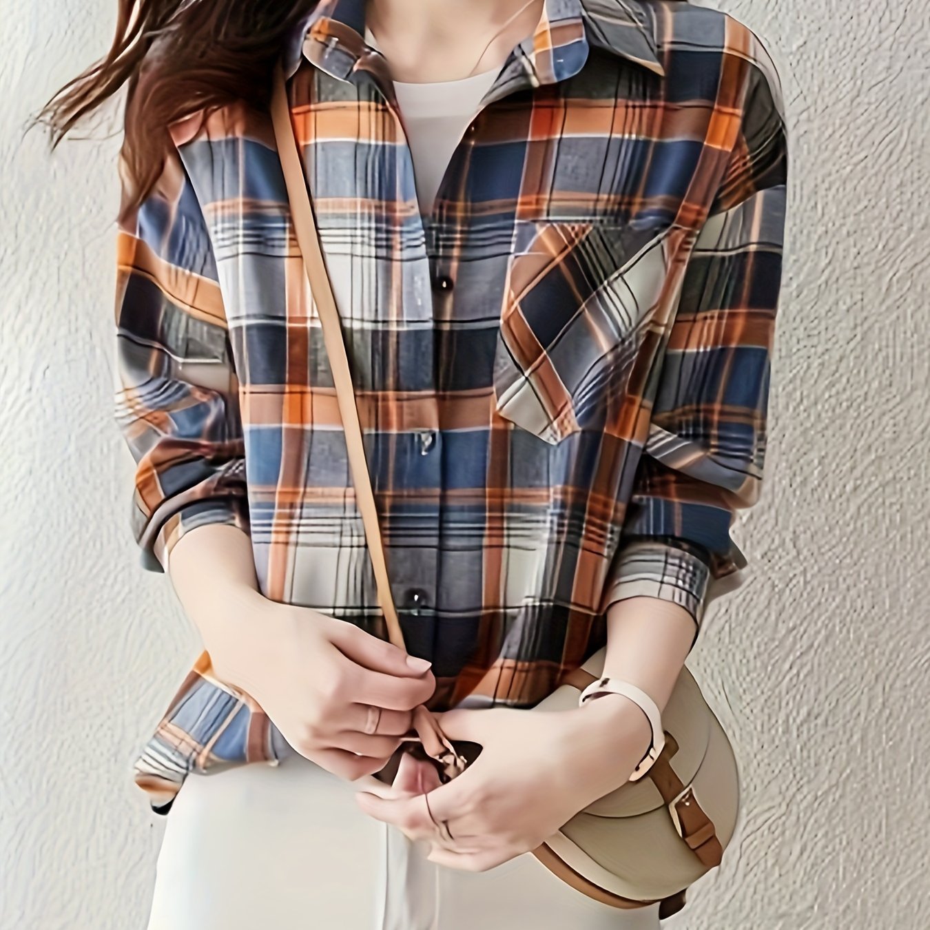 Plaid Shirt With Pocket, Long Sleeve Button Up Casual Top For Spring & Fall, Women's Clothing
