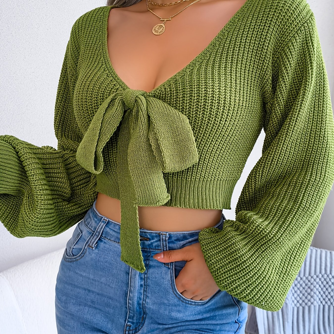 vlovelaw Sexy Bowknot V Neck Crop Sweater, Casual Lantern Long Sleeve Loose Fall Winter Knit Sweater, Women's Clothing