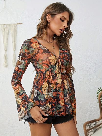 vlovelaw Floral Print Flare Sleeve Knot Front Blouse, Vacation V-neck Long Sleeve Blouse, Women's Clothing