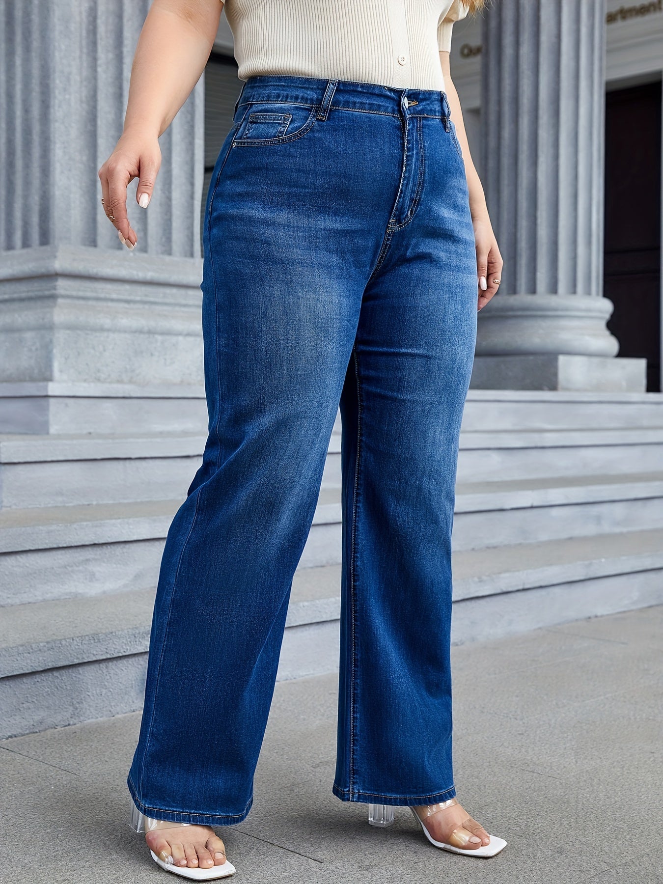 vlovelaw  Plus Size Casual Jeans, Women's Plus Washed Button Fly Medium Stretch Wide Leg Jeans