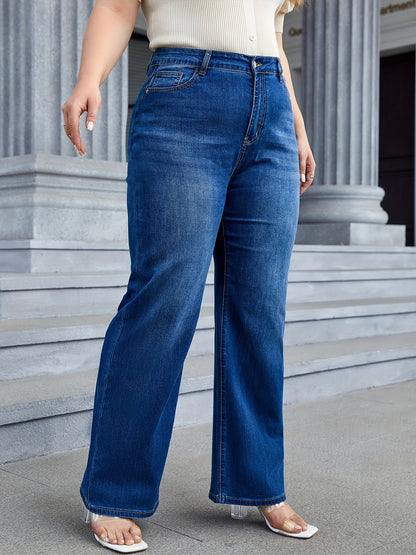 vlovelaw  Plus Size Casual Jeans, Women's Plus Washed Button Fly Medium Stretch Wide Leg Jeans