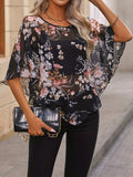 Floral Print Asymmetrical Blouse, Elegant Crew Neck Summer Blouse, Women's Clothing