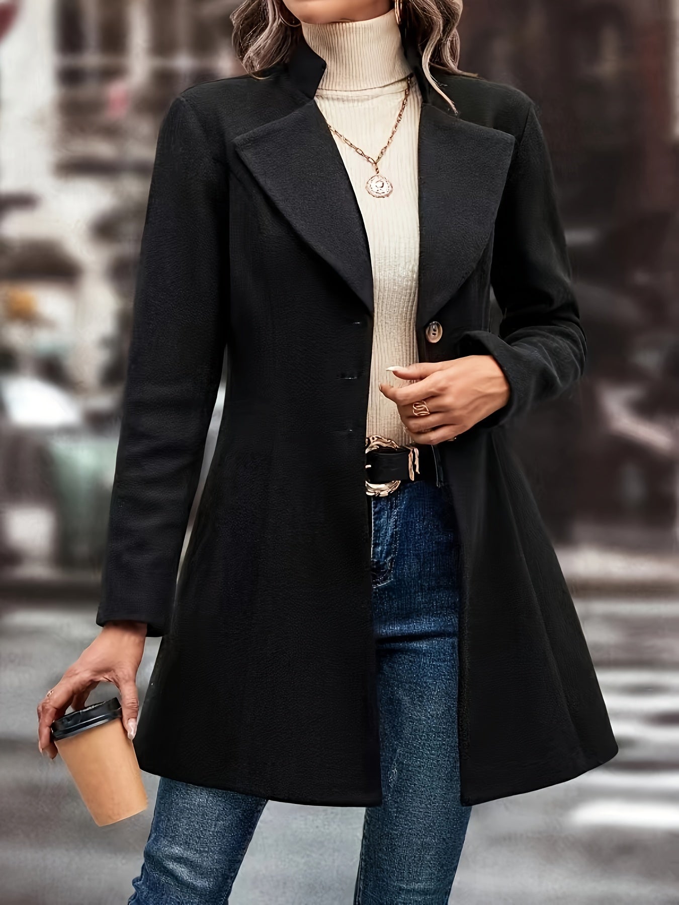 Solid Button Front Lapel Overcoat, Elegant Long Sleeve Winter Outwear, Women's Clothing