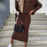 Casual Solid Two-piece Dress Set, Long Sleeve Hoodie & Slim Slit Sleeveless Tank Dress Outfits, Women's Clothing