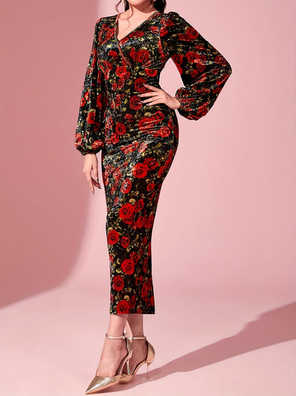 vlovelaw  Floral Print Surplice Neck Dress, Elegant Lantern Sleeve Bodycon Dress, Women's Clothing
