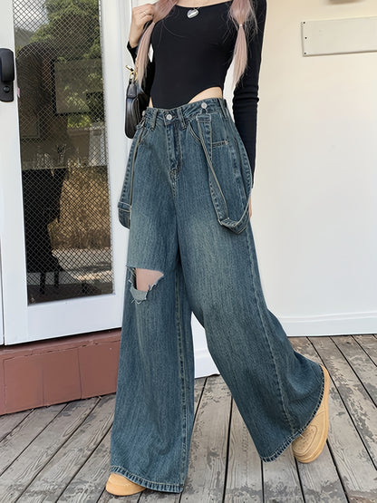 vlovelaw  Ripped Vintage Washed Wide Leg Denim Jeans, Loose Fit Adjustable Strap Comfy Denim Overalls, Women's Denim Jeans & Clothing