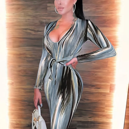 Striped Color Block Dress, Sexy V Neck Long Sleeve Bodycon Party Dress, Women's Clothing